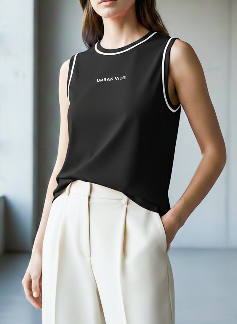 Selecta Now Ladies Sleeveless Cotton T-Shirt Black Breathable Contrast Piping Tank Top Soft Stretchable Women’s T Shirt - Image 1